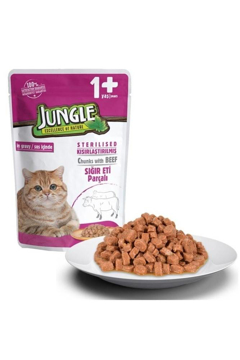 jungle yetişkin kediler için kısırlaştırılmış sığır etli yaş mama 100 gr resmi