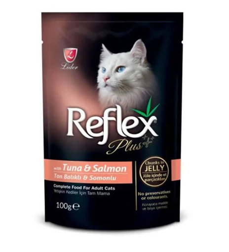 reflex plus yetişkin kediler için ton balıklı ve somonlu yaş mama 100 gr resmi